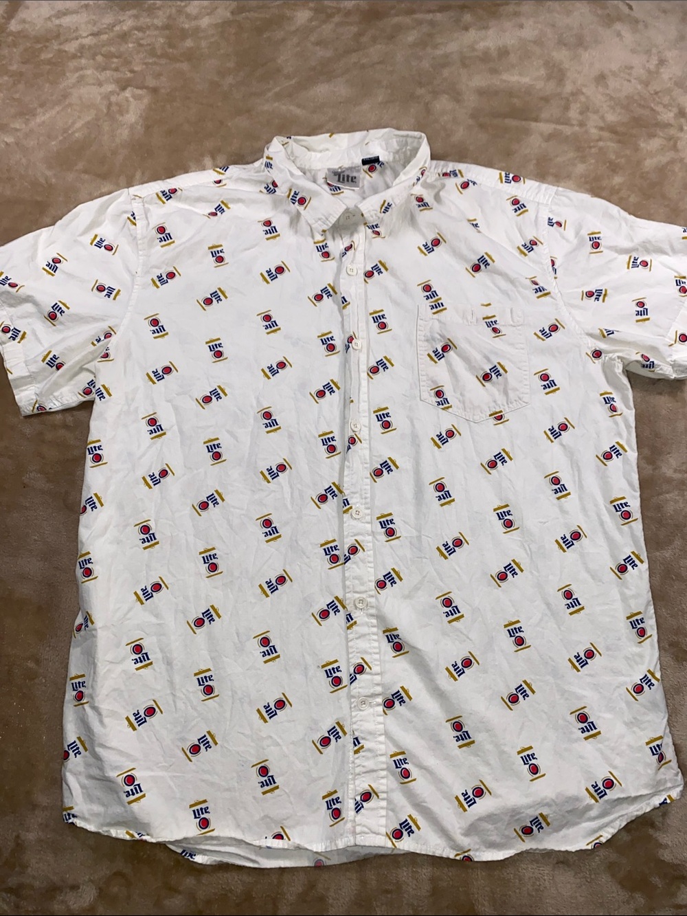 Miller Lite White Short-Sleeve Button-Down Shirt with Multicolor Logo Print